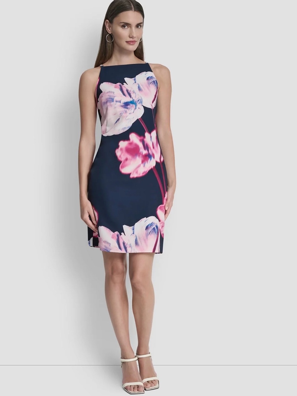 DKNY Sleeveless Square Neck Sheath Dress Black/Pink Floral Print